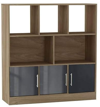 URBNLIVING Estantería asimétrica de roble de 8 cubos, armario de almacenamiento independiente con 3 puertas, puertas brillantes, color gris