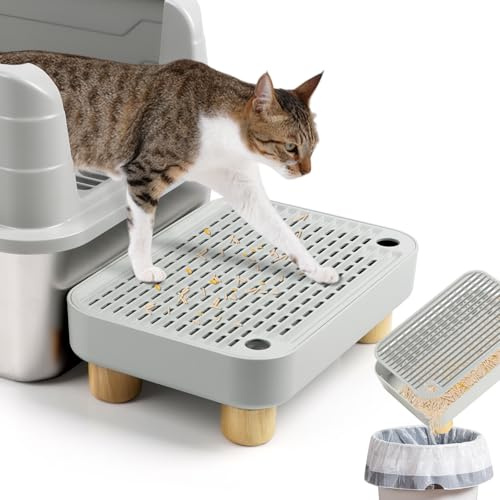 Kalolary Rampe pour Litière pour Chat, Marchepied Pédale Bois avec Fonction Filtre Toilettes Animaux Compagnie Faciles Nettoyer Marchepied Avant Piège Litière pour Chatons Chats Âgés (Gris Clair)