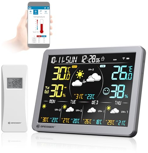 Bresser WLAN-väderstation med app för Tuya Smart Home, 5-dagars förutsägelse, termisk hygrosensor, historik, komfortvisning, väckarklocka, varningsfunktion