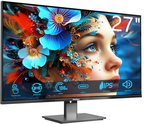 Pisichen Touchscreen Monitor 27 2K 100Hz Gaming Monitor, QHD 2560x1440 IPS PC Monitors, 10-Point Touch Screen Computer Monitors, with USB C HDMI DP Ports, Built-in Speakers