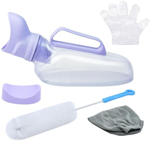 6-Piece Urine Bottle Set for Women, 1200 ml Capacity with Purple, Portable Handle, Including Urine Absorption Funnel, Lid, Cleaning Brush, Knitted Cover and 100 Disposable Gloves for Travel, Seniors