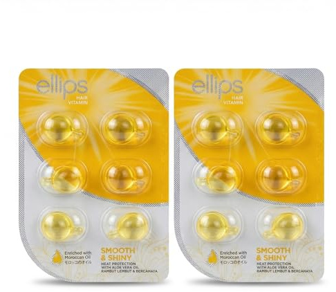 Ellips Hair Vitamin Smooth & Shiny - Pack de 2 Blísteres (12 Cápsulas x 1ml) - Tratamiento Sin Aclarado Cabello Normal - Aceite de Argán Marroquí y Aloe Vera - Brillo, Suavidad y Protección Térmica