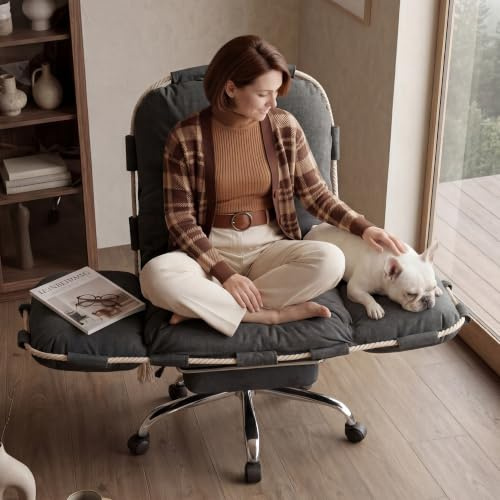 DEKKETO Fauteuil de Bureau Large Confortable, S'asseoir en Tailleur, Gris | Chaise Pivotante et Basculant avec Repose-pieds, Tissu Chenille, Accoudoirs 5 Pos., Dossier Inclinable, Idéal Télétravail