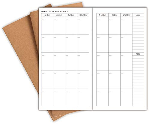 (Set of 3) Travelers Notebook Inserts - Travellers Journal Inserts for Standard Size, 11 x 21cm, 32 Sheets / 64 Pages, Kraft Cover Undated Daily Planner Inserts