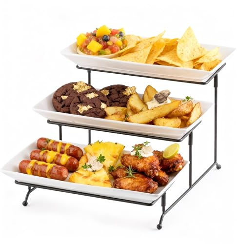 Gomakren 3 Tier Serving Trays Stand Porcelain Serving Platters 12 Inch White Serving Plates Dinner Platters for Appetizer Snack Fruit Cup Cake Tray Display Serving Dishes for Entertaining