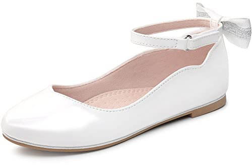 Bigwow Girls Dress Shoes White Ballet Flats Mary Jane Princess Shoes School Wedding Church Party with Ankle Strap Big Kids Size 2