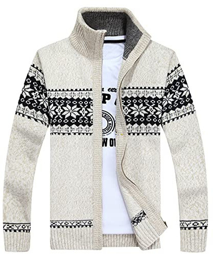 Lu's Chic Men's Cardigan Sweaters Winter Thick Knit Heavy Knitted Norwegian Casual Slim Fit Full Zip Up Fashion Zipper Sweater Jacket Male Sweater Coat Beige White X-Large
