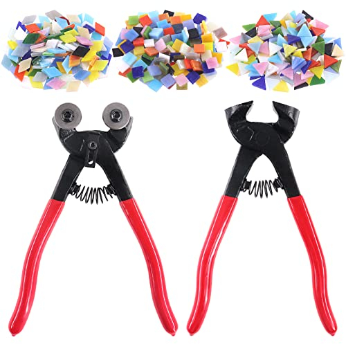 Swpeet 2Pcs Heavy Duty Glass Mosaic Cut Nippers and Tile Nippers with 1 Pound 3 Styles Triangle/Diamond/Square Mosaic Tiles Glass Pieces Assortment Kit, Tools for DIY Tile Cutter