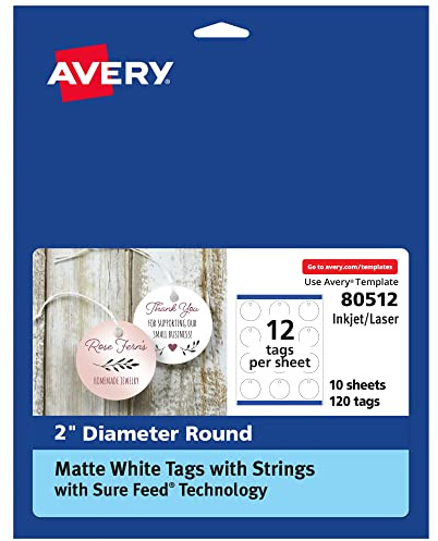 Avery Round Tags, Sure Feed Technology, 2 Diameter, Matte White, Strings Included, 120 Total, Print-to-The-Edge, Laser/Inkjet Printable (80512)