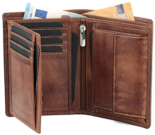 Fa.Volmer ® Portefeuille en cuir de buffle véritable I Grand portefeuille pour homme et femme I Protection RFID certifiée TÜV en couleur marron et noir, Marron, 12,5x9,5x2,5 cm, Format portrait