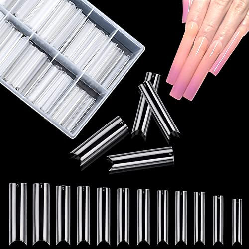 Lot de 240 Pointes D'ongle Extra Longues, XL Faux Ongles 12 Tailles Différentes, Demi-couverture Carrés Coniques faux ongles en acrylique transparent, Pour Salon d'Ongle DIY Art d'Ongle