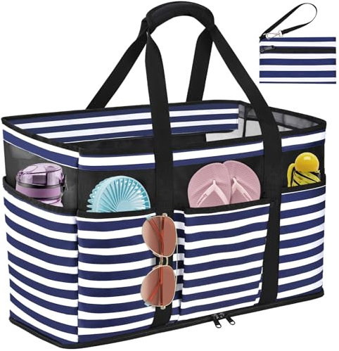 TEUEN Extra Große Strandtasche mit Reißverschluss, Streifen Wasserdicht Strandtasche XXL Familie Badetasche Damen Beach Tote Bag Shopper für Strand Pool Reisen Fitnessstudio Einkaufen (45L)