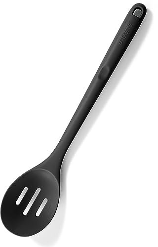U-Taste 33.9 cm Extra Long Silicone Slotted Spoon, 315℃ Heat Resistant Food Grade Kitchen Cooking Spoon, Nonstick Seamless Rubber Serving Spoon for Mixing Stirring Basting Scooping Draining (Black)