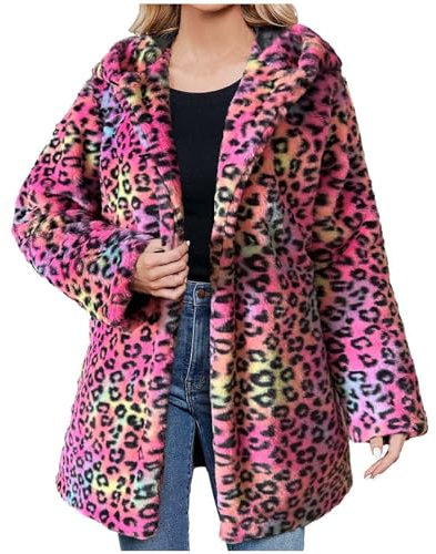 Kunstpelz Mantel Damen Leopard Druck Winterjacke Mode Kunstfell Jacke Langarm Winter Übergangsjacke Große Größen Pelzmantel Dicke Warme Wintermantel Pelzjacke mit Kapuze Felljacke Fellmantel Outwear