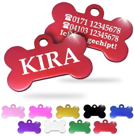 Ibera gifts - Hundemarke mit Gravur und personalisierte Hundemarke in Knochenform für kleine bis mittelgroße Hunde und Katzen (Rot, Keine Zeichnung)