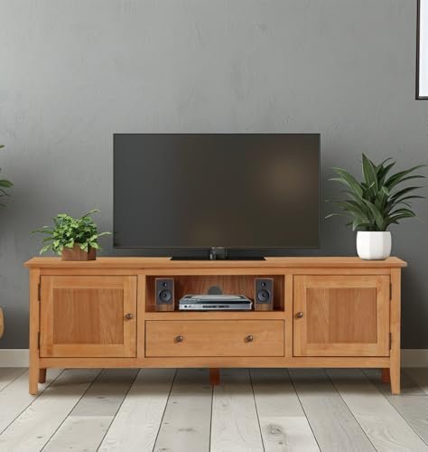 Hallowood Furniture Aston Wide TV Unit with 2 Drawers, Cupboard and Shelf, Long Wooden TV Stand Cabinet with Storage and Cable Hole, Large Media Units for Living Room or Bedroom