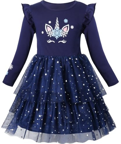 VASCHY Vestidos de Niña, Vestido Manga Larga Vestido Unicornio Princesa Mariposa Sirena Vestidos Ropa Tul Fiesta de Verano Vestido Festivo 2-10 años, Unicornio-CX111, 7T