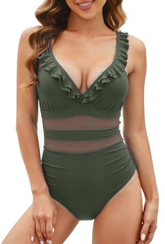 SNUOEN Maillot de Bain Une pièce à col en V pour Femme Monokini à Lacets à Volants