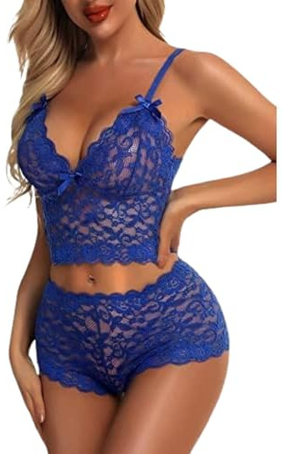 PARUPRUP Ensemble Lingerie Femme Coquine 2 Pièces Dentelle Florale Sexy Soutien-Gorge Bralette Bretelles Réglables and Culotte Taille Haute Nœud Papillon,sous-Vêtements Transparents Hot pour Nuit