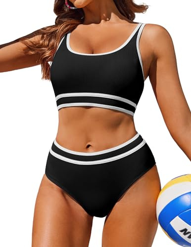 AI'MAGE Maillot de Bain Femme 2 Pieces Bikini Sexy Taille Haute Push Up Sport Fileté Deux Pièces, Noir M