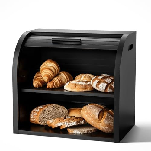 G.a HOMEFAVOR Bambus Brotkasten 2 Etagen Brotbehälter Roll-Top-Brotaufbewahrung mit herausnehmbarer Schicht, Selbstmontage, 38x25x34cm, Schwarz
