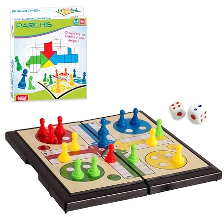 Parchís de Viaje Plegable, Tablero de 20cm, Fichas, De 2 a 4 Jugadores, +6 Años, Juego de Mesa para Niños y Adultos con Espacio para Guardar Las fichas