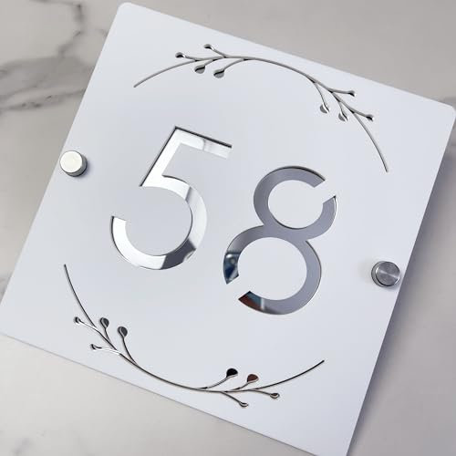 3D Hollow Acrylic House Number Sign with Ornamental Floral Design – Custom Laser Engraved Address Plaque for Wall, Matte Finish Floating Door Number Plate (White silver)