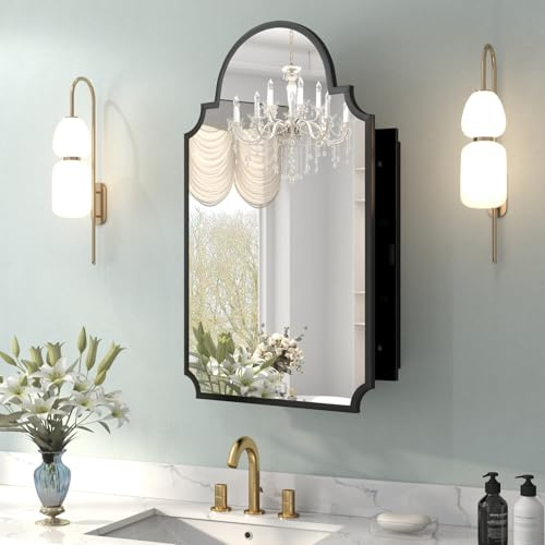 Black Decorative Medicine Cabinet Mirror, 20x32 Recessed or Surface Mount Metal Irregular Medicine Cabinet for Bathroom, Elegant Curved Aesthetics Mirror with Storage, 2 Stable & Removable Shelves