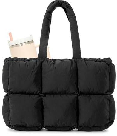 Herald Puffer Tote Bag, Puffy Shoulder Purse Handbag for Women (Black)