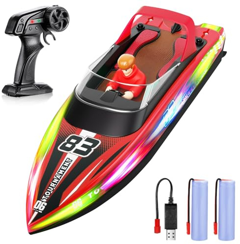 HOTUT Barco Teledirigido, 2.4GHz Barcos Teledirigidos con Luces LED y Alarma de Batería Baja, Barco RC Rápido e Impermeable, para Niños, para Piscinas y Lagos, Regalo para Niños y Adultos