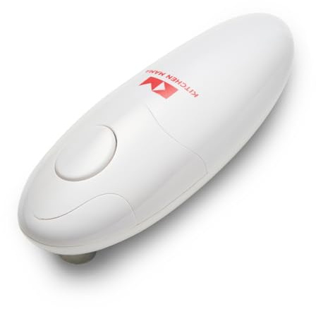 Apriscatole elettrico Auto Kitchen Mama: Apri le tue lattine con un pulsante - Automatico, a mani libere, bordo liscio, sicuro per gli alimenti, a batteria (Bianco)