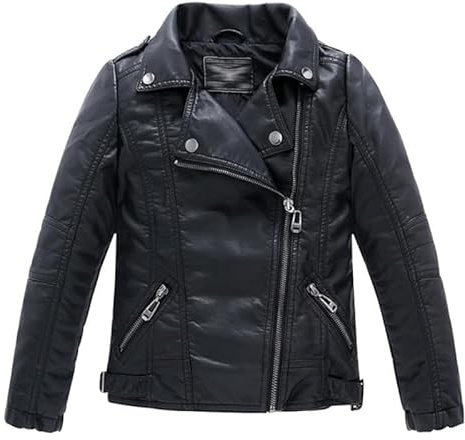 Lengender Chaqueta Piel Sintética Niño Niña - Abrigo Imitación Cuero - Chaqueta Biker Infantil (Negro, 140)
