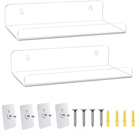 WANLIAN 8 Inch Clear Acrylic Shelves for Wall No Drilling, 2 Pack Small Floating Shelf with Ledge No Damage Mounted, Easily Expand Wall Space for Bedroom, Living Room, Bathroom