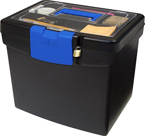 Storex Scatola portadocumenti portatile con coperchio organizer – Scatola di plastica per documenti da ufficio per carta da lettere e cartelle sospese, nero/blu, 1 pezzo (61415B03C)