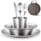 Odoland Set de Couverts Camping Inoxydable 7 en 1, Kit de Vaisselle Camping Poli pour 1 personne avec Assiette Bol Tasse Fourchette Cuillère Couteau Sac de Rangement pour Camping Randonnée Pique-nique
