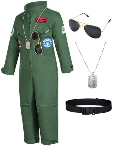 Kids Fighter Pilot Costume - Air Force Flight Suit with Aviator Sunglasses & Tag & Belt for Boys Girls Roleplay Dress Up 4T 5T Army Green