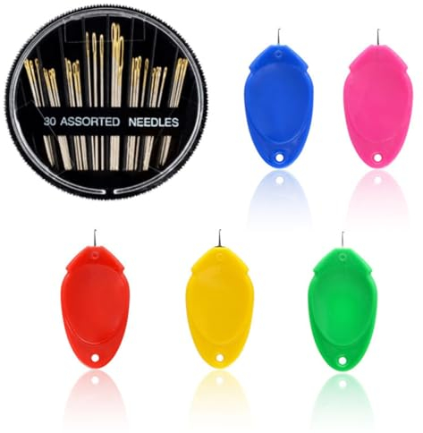 EODKSE 1pcs Nadeleinfädler für Handnähen, 5 Stück Kunststoff-Einfädelhilfen mit 30 Edelstahl-Nadeln in verschiedenen Größen für Nähen, Kreuzstich, Sticken und DIY-Basteln,
