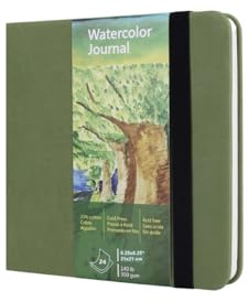 tumuarta Square Watercolor Journal, 8.25x8.25”, 140 LB, 300 GSM, Cotton Paper, Cold Press, 24 Sheets, 48 Pages, Watercolor Paper Sketchbooks for Use As Travel Mixed Media Pads On The Go (Green)