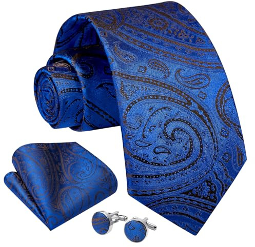 Enlision mäns slipsar Paisley blommig slips och ficka fyrkantiga manschettknappar set klassisk vävd slips bröllopsfest, Blå/svart -2, en storlek