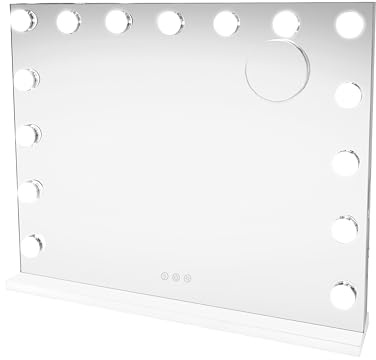 Upplyst spegel Hollywood 15 LED Vanity Sminkbord Vägg Pekskärm Dimbar 3 Färglägen Bluetooth Högtalare 2 Laddningsportar USB-A & USB-C Mikrofiber Rengöringsduk 10x Förstoringsspegel