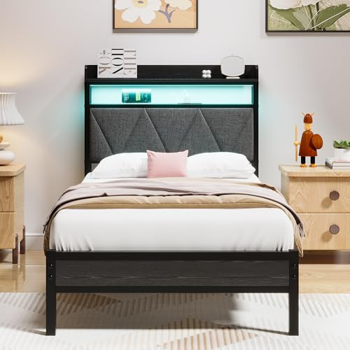 HAHRIR Single Bed Frames with 3ft Upholstered Wooden Two-shelf Storage Headboard,Charging Station,LED Lights, 90x 190cm Heavy Duty Metal Bed Frame,No Box Spring Needed, Noise Free,Grey