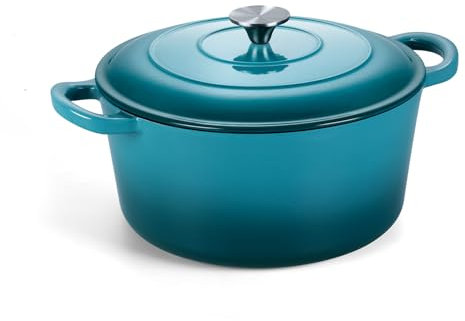 Onader Olla pequeña para horno holandés con tapa, horno holandés esmaltado redondo de 3 cuartos de galón para hornear pan, utensilios de cocina de hierro fundido resistente, color cian oscuro