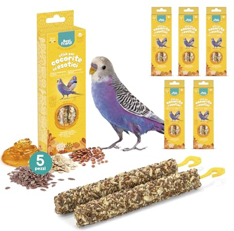 Best Friend - Snack Naturali Cotti al Forno per Cocorite e Uccelli Esotici. Gustosi stick per gli uccelli, ricchi di vitamine con legno di betulla per denti sani | Miele, 5 Pack x 85 g