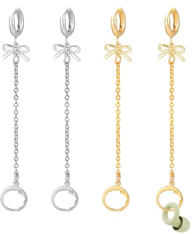 PH PandaHall 4pcs Earplug Earrings Loop Earplug Holder, Anti Lost Ear Clips | Stainless Steel Hoop Earrings Noise Reducing Earring Loop Switch with Bowknot Charms for Home Office, 3.7 Inch