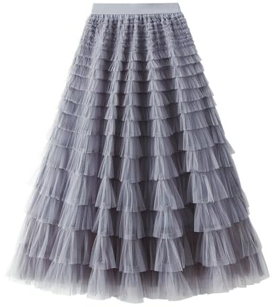 Jemsia Women's Tulle Skirt Midi Ruffles Tiered Cake Skirt Elegant Elastic High Waist A-line Petticoat Mesh Long Tutu Flowy Skirts for Prom Homecoming Birthday Party