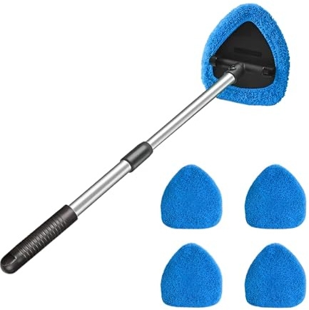 CGEAMDY Pulitore per Parabrezza Auto, Pulitore per Vetri Auto con 4 Pastiglie in Microfibra Lavabili E Riutilizzabili, Kit di Pulizia per Tergicristalli con Manico Lungo Ed Estensibile (Blu)