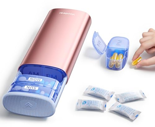 VAYDEER Pastillero de 7 días, 2 días, grande, metálico, compartimentos AM/PM, protección antidesecante, portátil, para vitaminas, medicamentos y viajes, oro rosa