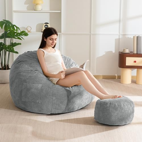 MAXYOYO Sillón Puff de Pana con Reposapiés para Adultos y Niños, Sofá Puff y Puf con Relleno de Espuma, Sillón con Asa para Sala de Estar, Dormitorio, Juegos, Lectura y Relajación