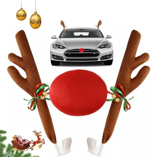 Cuerno de reno para decoración de coche de Navidad,Cuernos de Reno para Coche con Nariz Roja Coche Reno Decoración Kit de,Alce Rudolf para Camión, Van, SUV