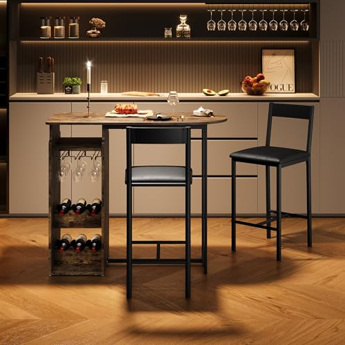 GarveeLife Bistro Set for Two, Compact Bar Table with Triple-Tier Wine Rack, Includes Velvet Bar Stools with Glass Holders, Ideal for Kitchen, Dining Nook, Retro